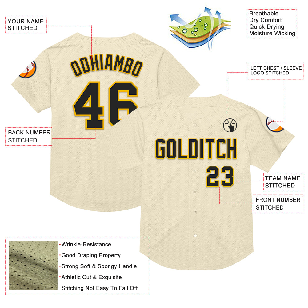 Custom Cream Black-Gold Mesh Authentic Throwback Baseball Jersey