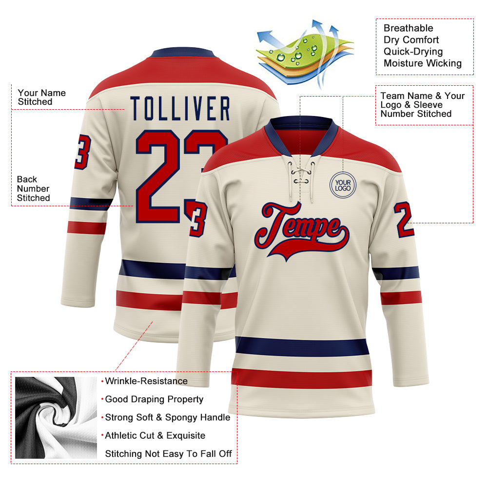 Custom Cream Red-Navy Hockey Lace Neck Jersey