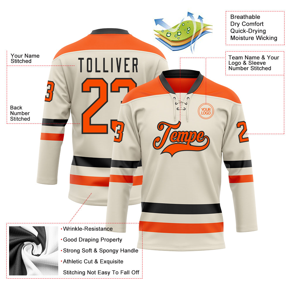 Custom Cream Orange-Black Hockey Lace Neck Jersey