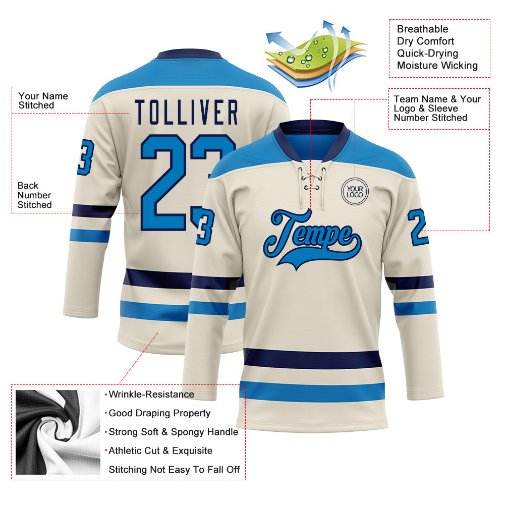 Custom Cream Blue-Navy Hockey Lace Neck Jersey