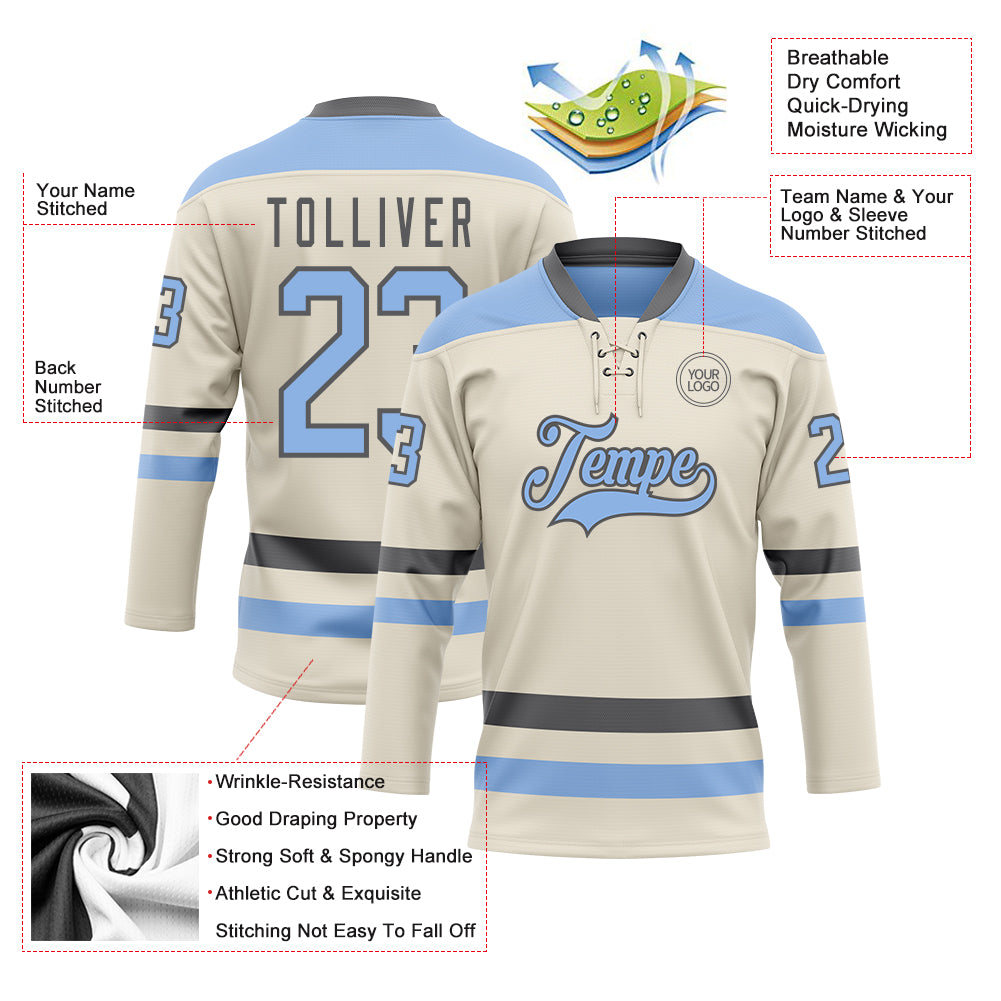 Custom Cream Light Blue-Steel Gray Hockey Lace Neck Jersey