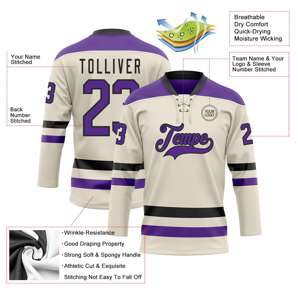 Custom Cream Purple-Black Hockey Lace Neck Jersey