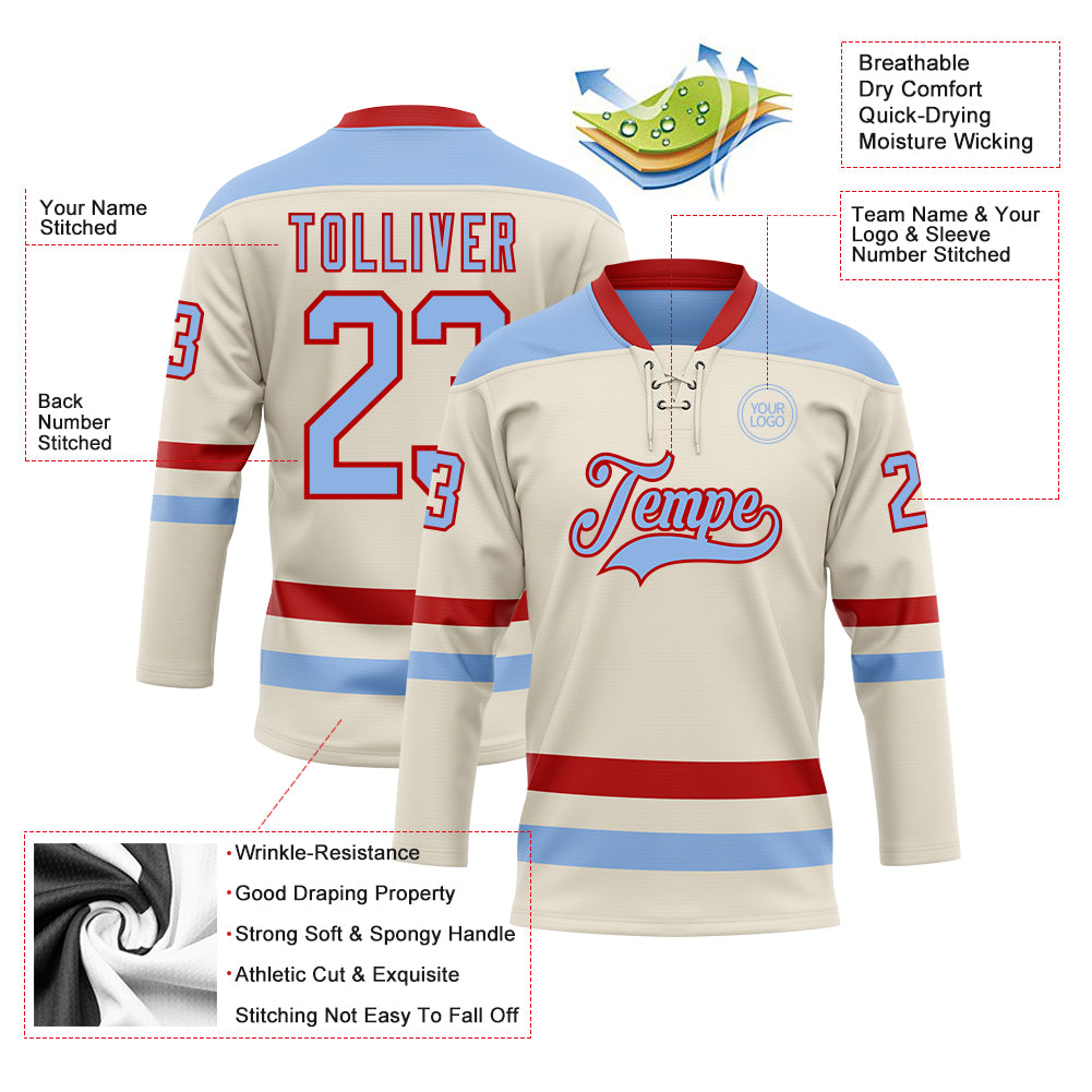 Custom Cream Light Blue-Red Hockey Lace Neck Jersey