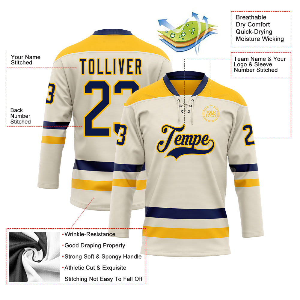 Custom Cream Navy-Gold Hockey Lace Neck Jersey