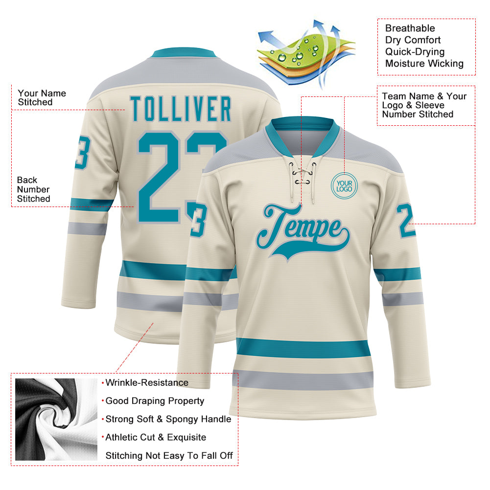 Custom Cream Teal-Gray Hockey Lace Neck Jersey