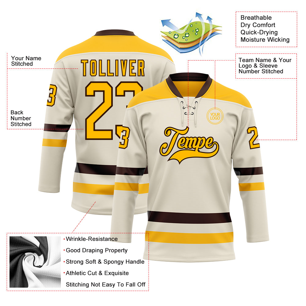 Custom Cream Gold-Brown Hockey Lace Neck Jersey