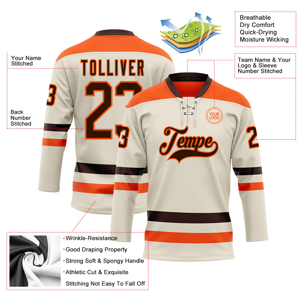 Custom Cream Brown-Orange Hockey Lace Neck Jersey