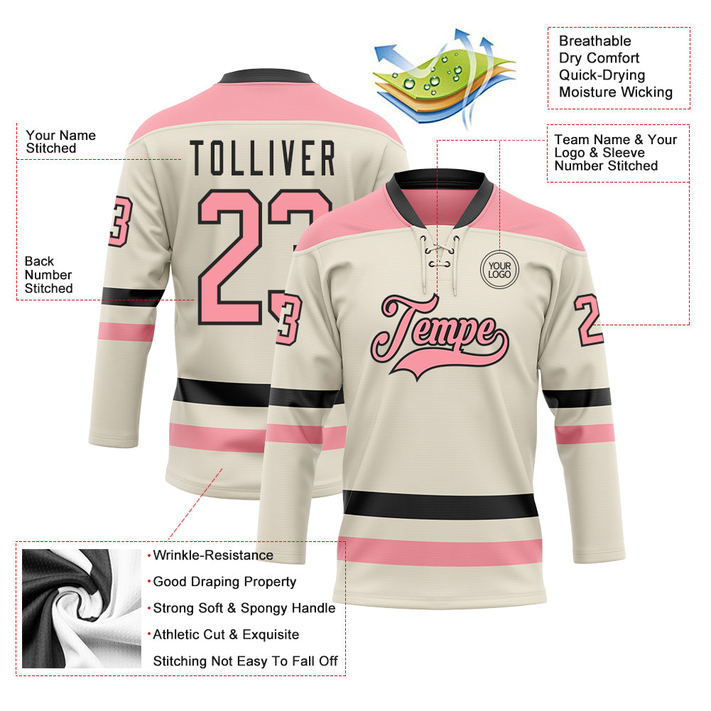 Custom Cream Medium Pink-Black Hockey Lace Neck Jersey