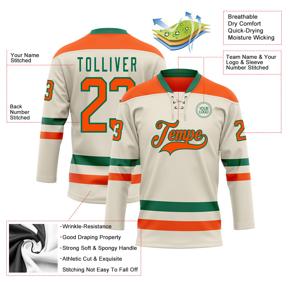 Custom Cream Orange-Kelly Green Hockey Lace Neck Jersey