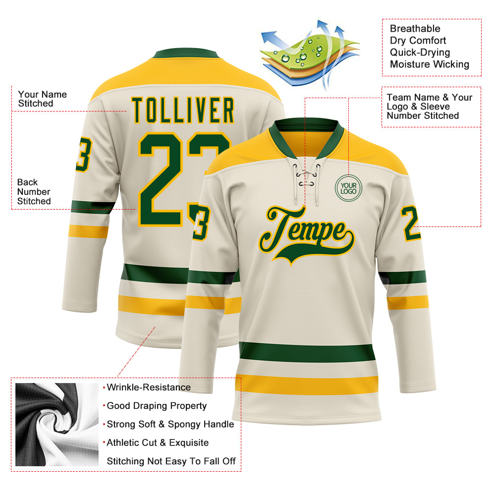 Custom Cream Green-Gold Hockey Lace Neck Jersey