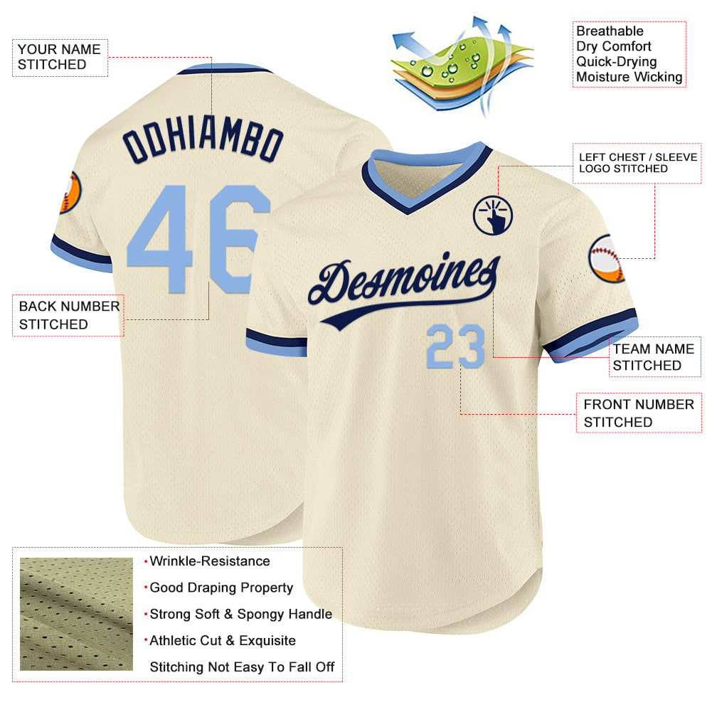 Custom Cream Light Blue-Navy Authentic Throwback Baseball Jersey