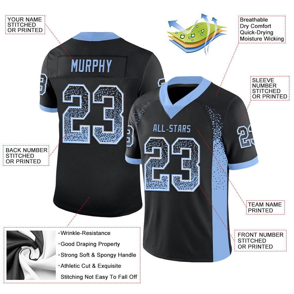 Custom Black Light Blue-White Mesh Drift Fashion Football Jersey