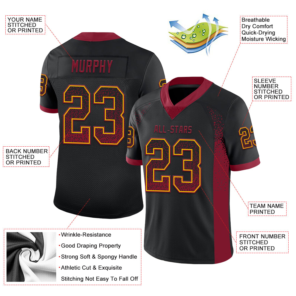 Custom Black Crimson-Yellow Mesh Drift Fashion Football Jersey