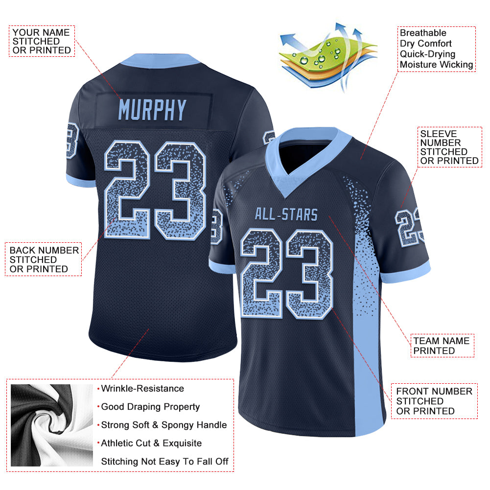 Custom Navy Light Blue-White Mesh Drift Fashion Football Jersey