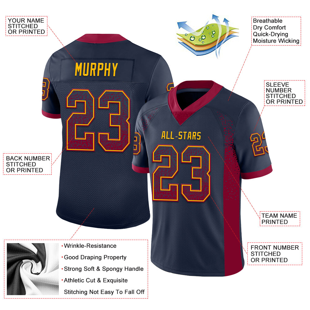 Custom Navy Maroon-Gold Mesh Drift Fashion Football Jersey