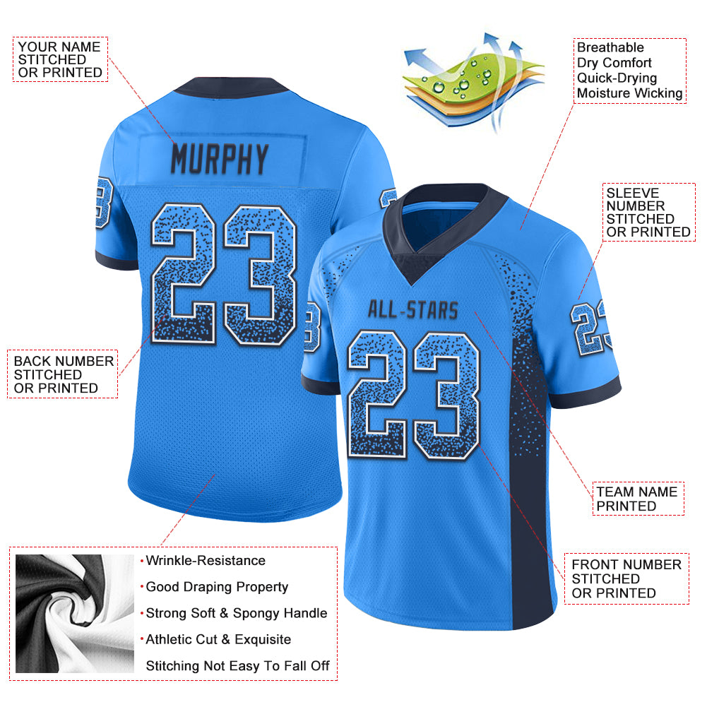 Custom Powder Blue Navy-White Mesh Drift Fashion Football Jersey