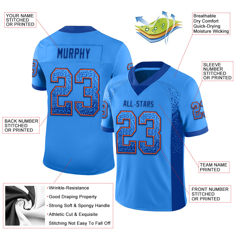 Custom Powder Blue Royal-Orange Mesh Drift Fashion Football Jersey