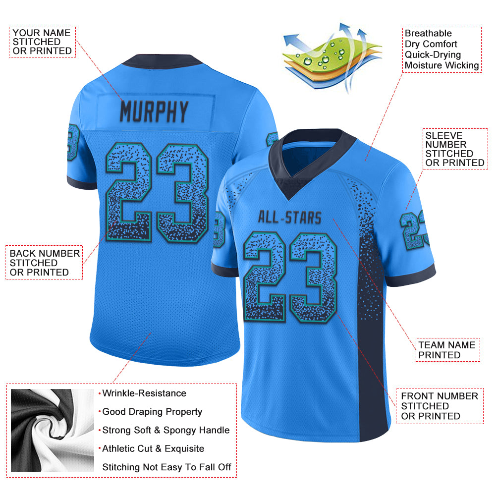 Custom Powder Blue Navy-Teal Mesh Drift Fashion Football Jersey