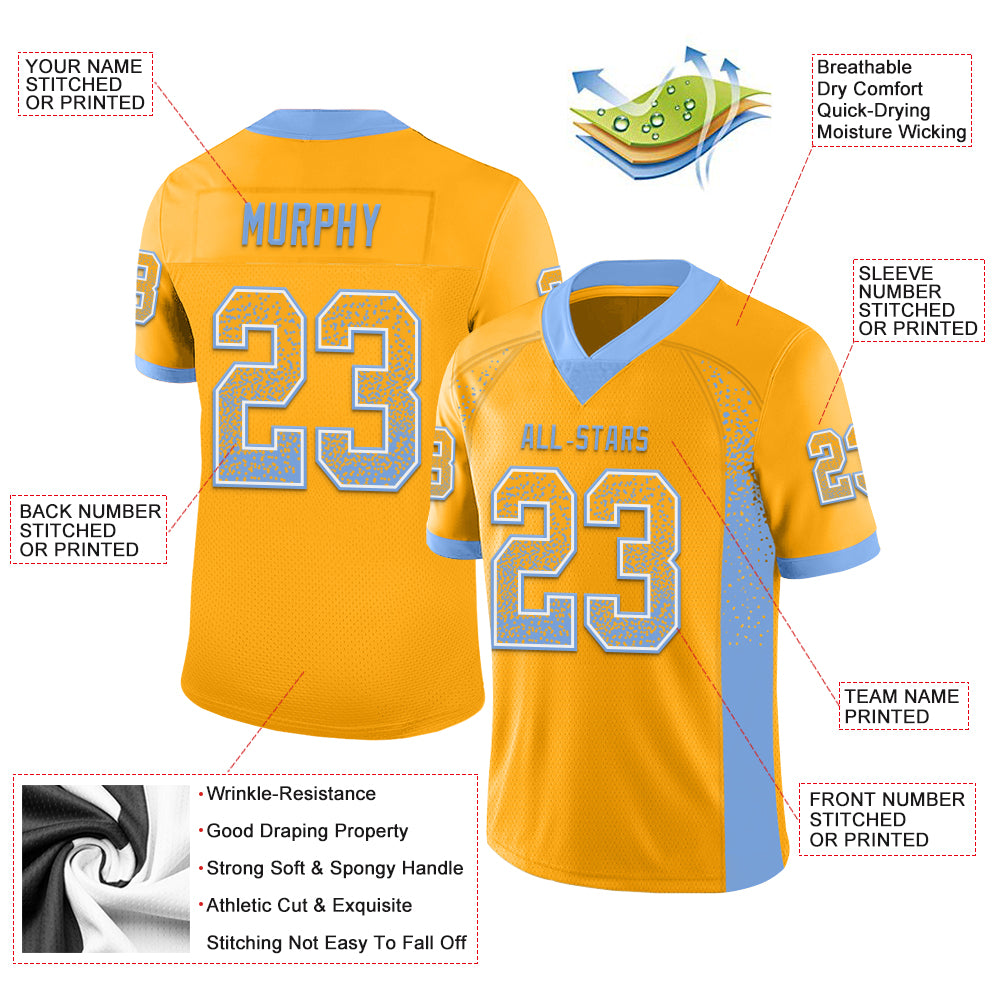 Custom Gold Powder Blue-White Mesh Drift Fashion Football Jersey