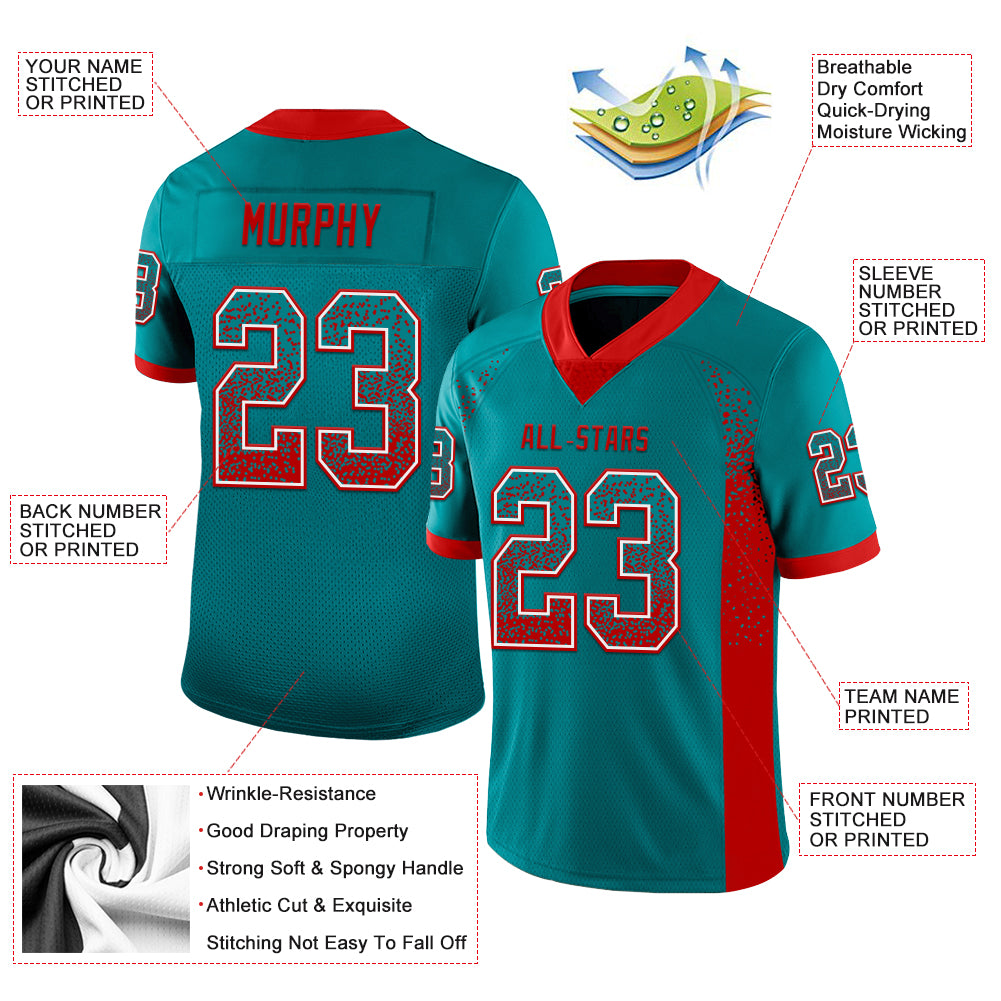 Custom Teal Red-White Mesh Drift Fashion Football Jersey