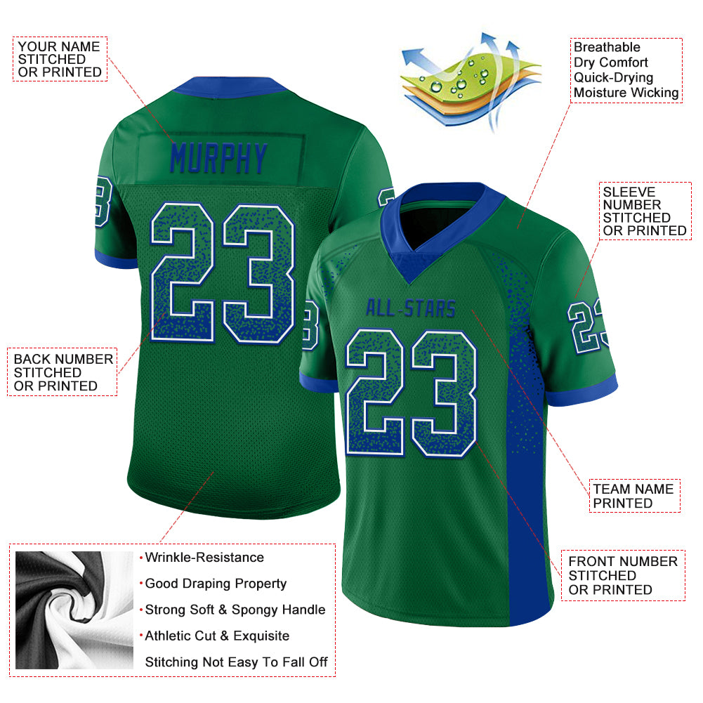 Custom Kelly Green Royal-White Mesh Drift Fashion Football Jersey