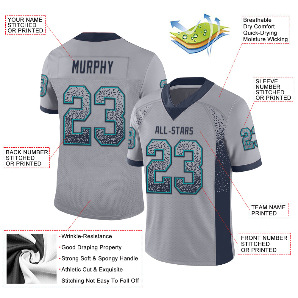 Custom Gray Navy-Teal Mesh Drift Fashion Football Jersey