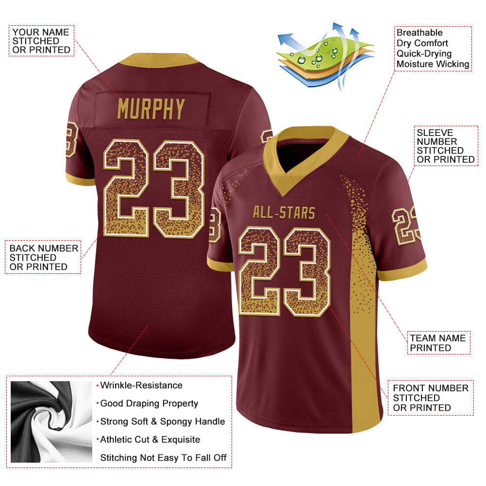 Custom Burgundy Old Gold-White Mesh Drift Fashion Football Jersey