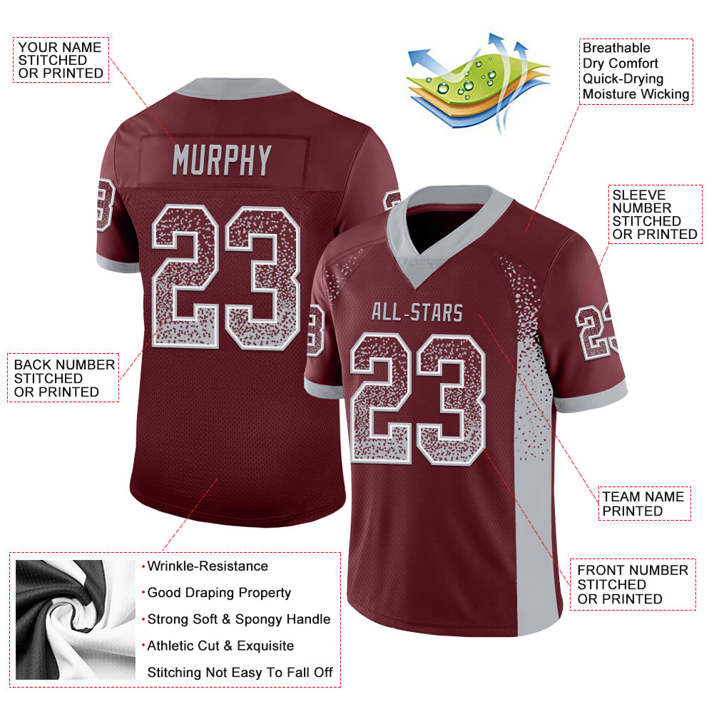 Custom Burgundy Gray-White Mesh Drift Fashion Football Jersey