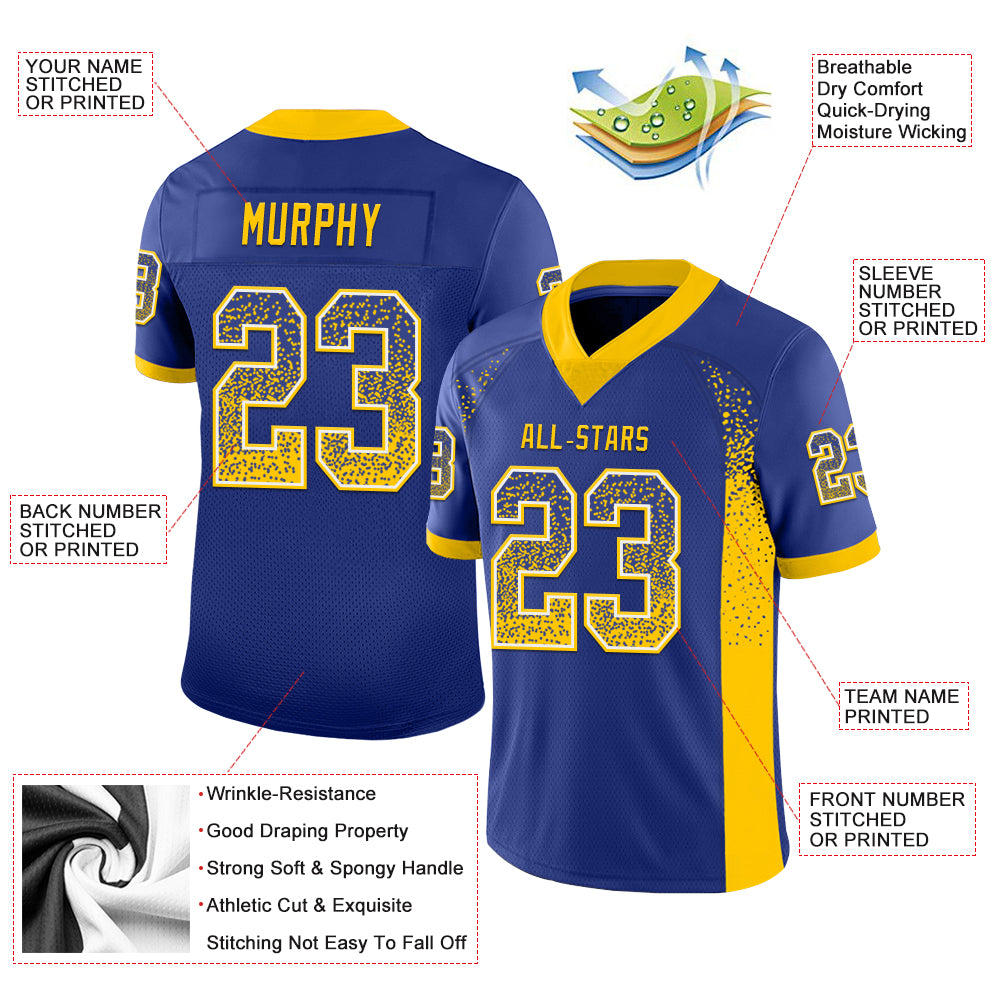 Custom Royal Yellow-White Mesh Drift Fashion Football Jersey