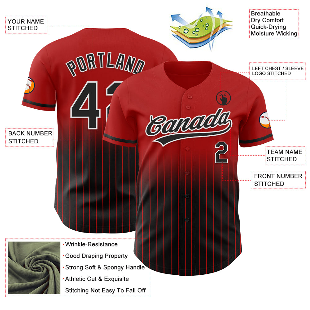 Custom Red Pinstripe Black-White Authentic Fade Fashion Baseball Jersey