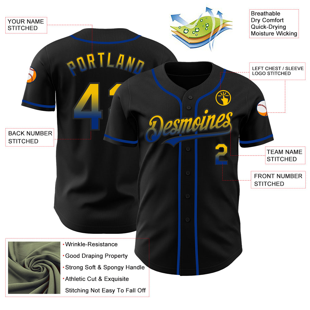 Custom Black Yellow-Royal Authentic Fade Fashion Baseball Jersey