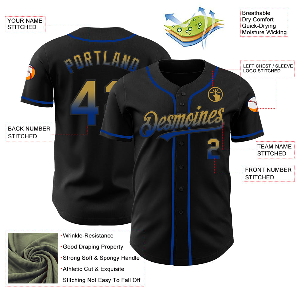 Custom Black Old Gold-Royal Authentic Fade Fashion Baseball Jersey