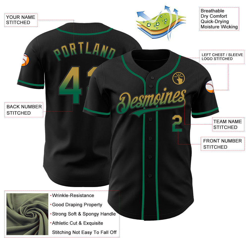 Custom Black Old Gold-Kelly Green Authentic Fade Fashion Baseball Jersey