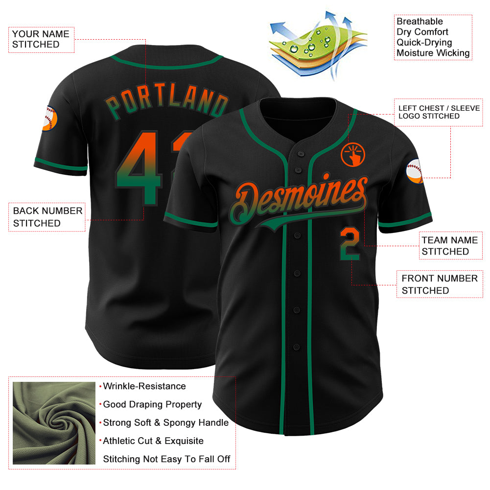 Custom Black Orange-Kelly Green Authentic Fade Fashion Baseball Jersey