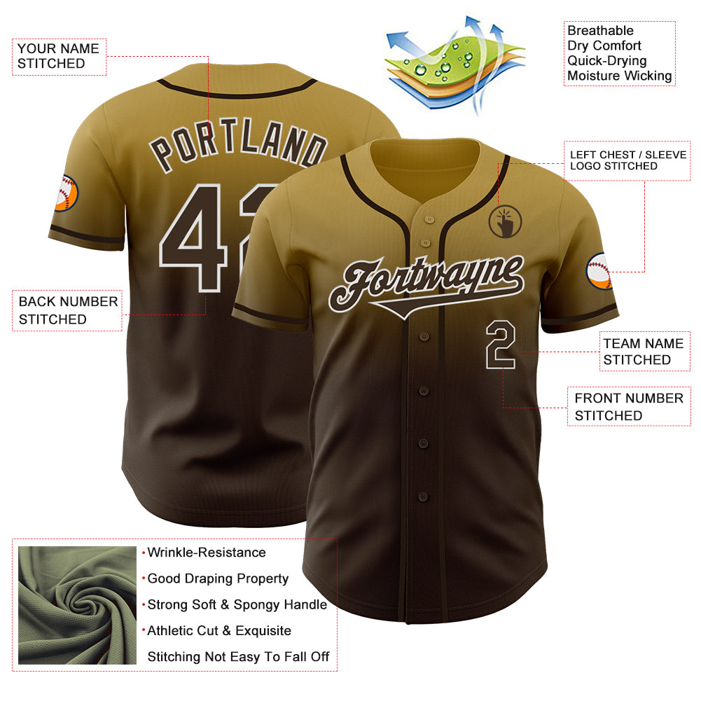 Custom Old Gold Brown-White Authentic Fade Fashion Baseball Jersey