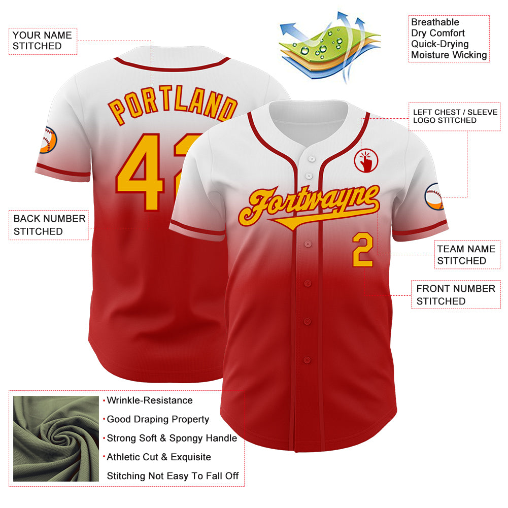 Custom White Gold-Red Authentic Fade Fashion Baseball Jersey