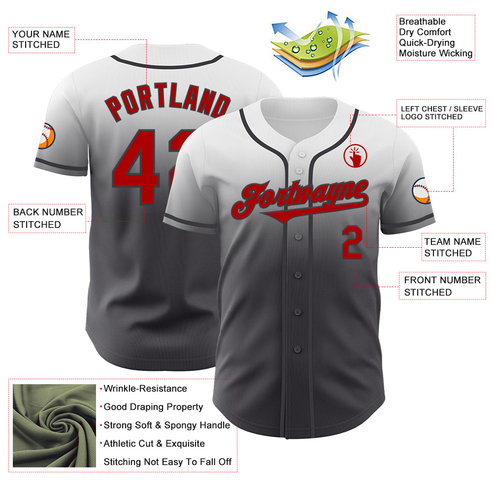 Custom White Red-Steel Gray Authentic Fade Fashion Baseball Jersey