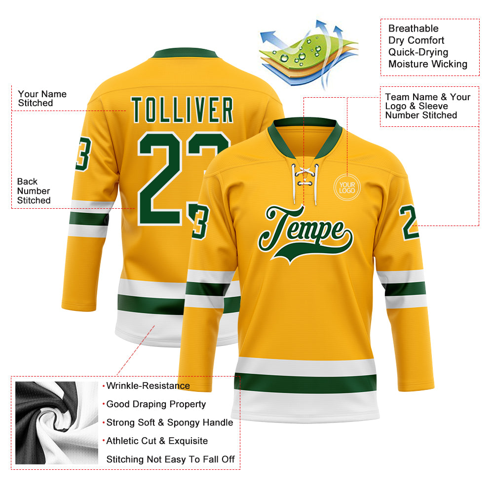 Custom Gold Green-White Hockey Lace Neck Jersey