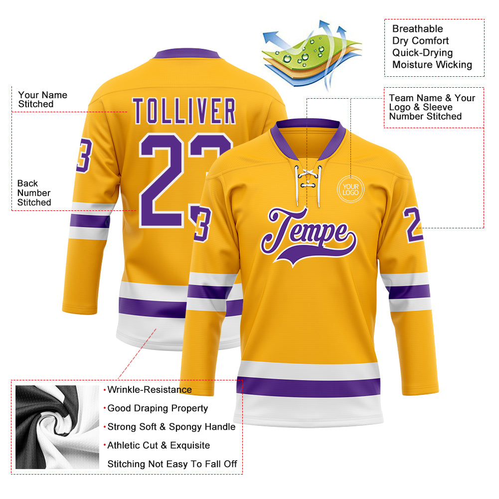 Custom Gold Purple-White Hockey Lace Neck Jersey