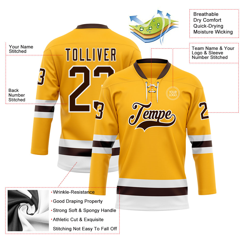 Custom Gold Brown-White Hockey Lace Neck Jersey