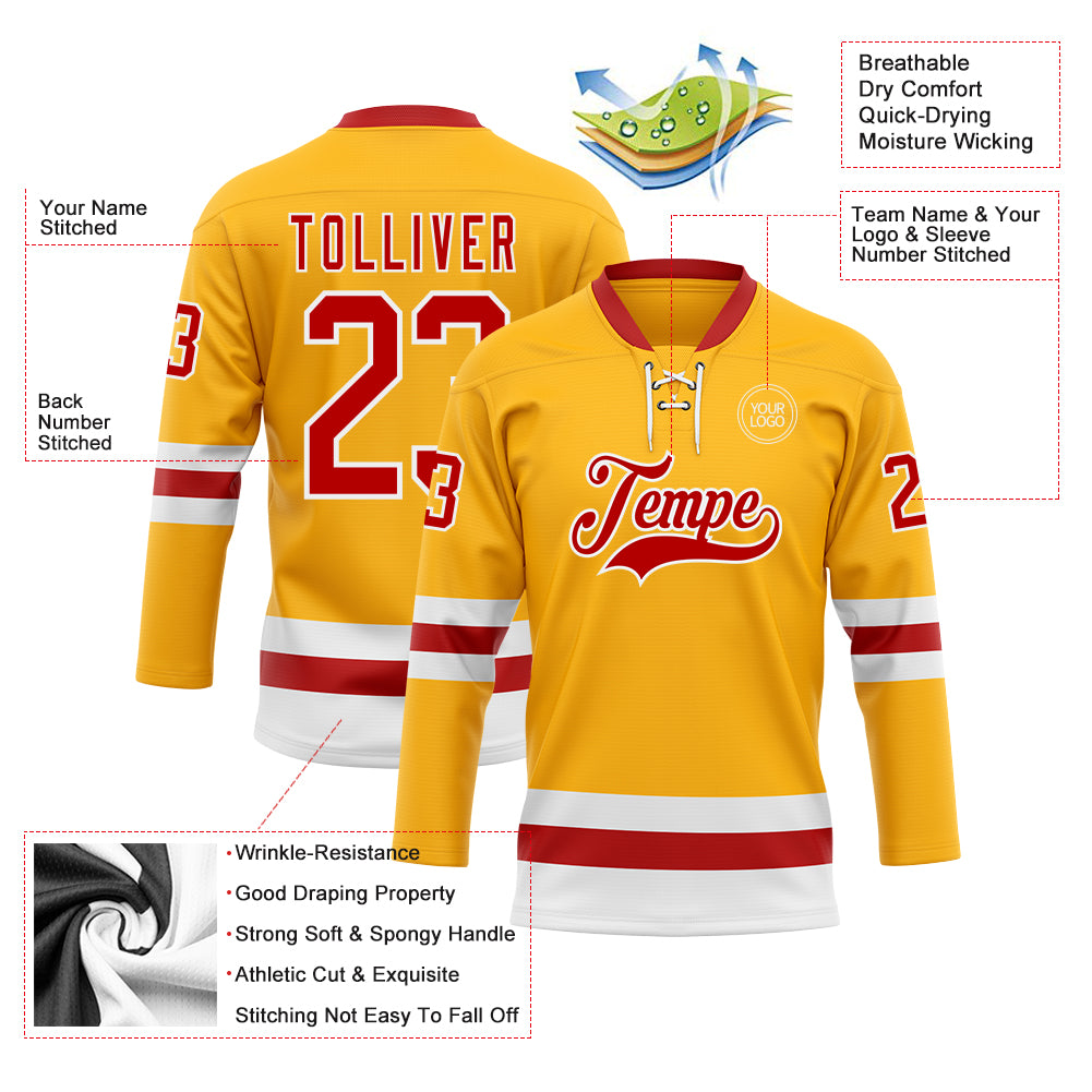 Custom Gold Red-White Hockey Lace Neck Jersey