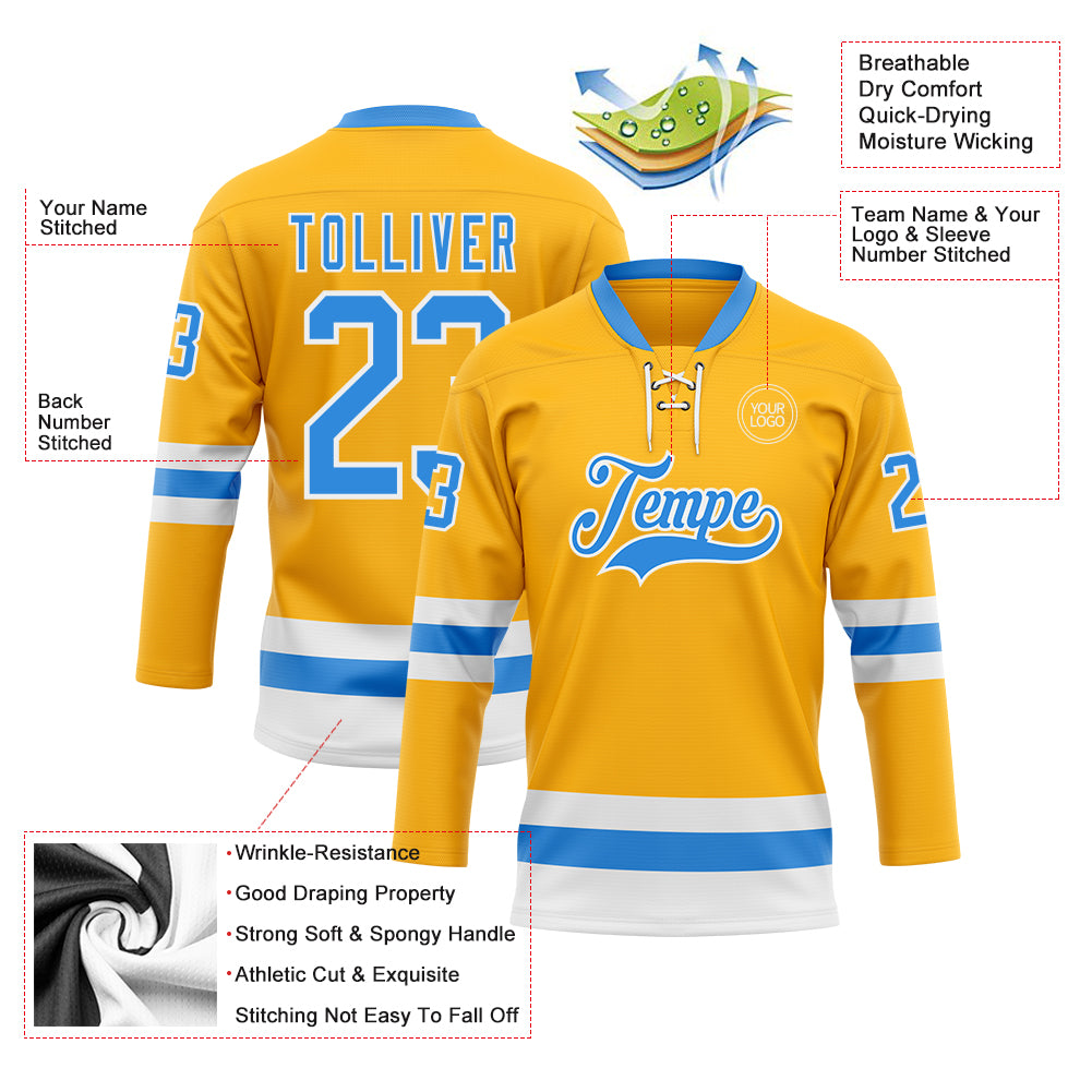 Custom Gold Powder Blue-White Hockey Lace Neck Jersey