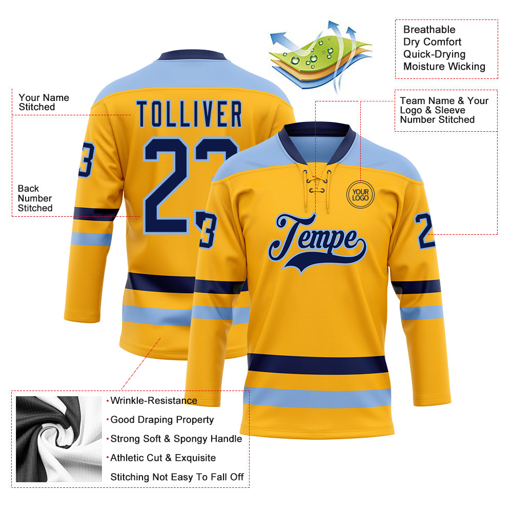 Custom Gold Navy-Light Blue Hockey Lace Neck Jersey