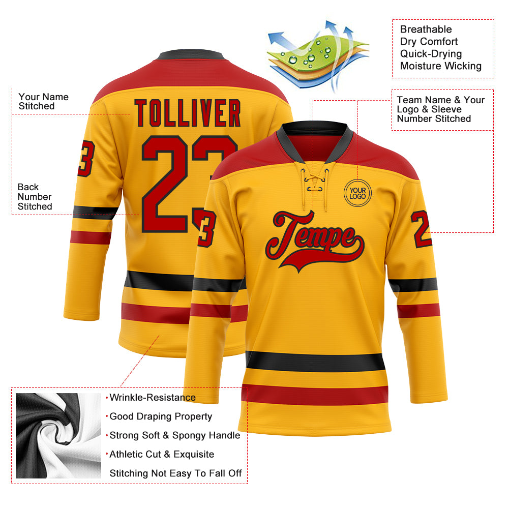 Custom Gold Red-Black Hockey Lace Neck Jersey