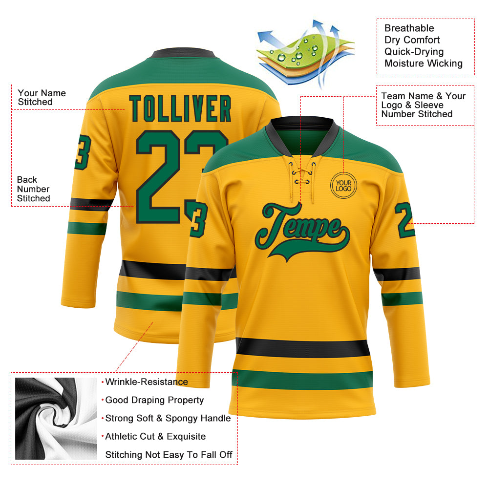 Custom Gold Kelly Green-Black Hockey Lace Neck Jersey