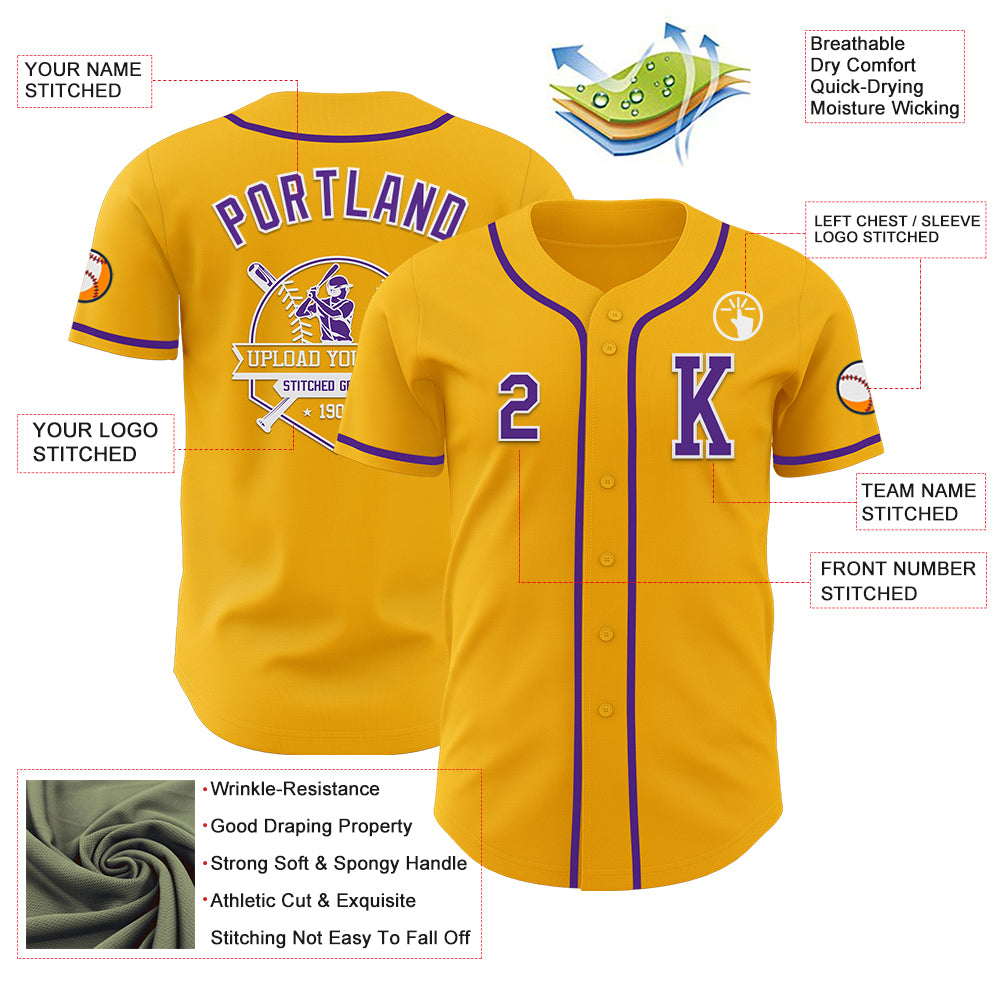 Custom Gold Purple-White Authentic Baseball Jersey