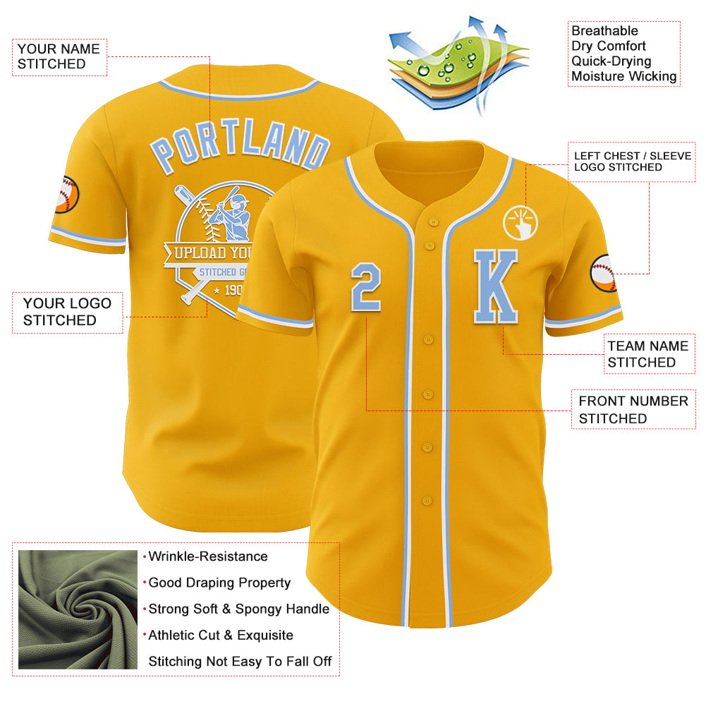 Custom Gold Light Blue-White Authentic Baseball Jersey