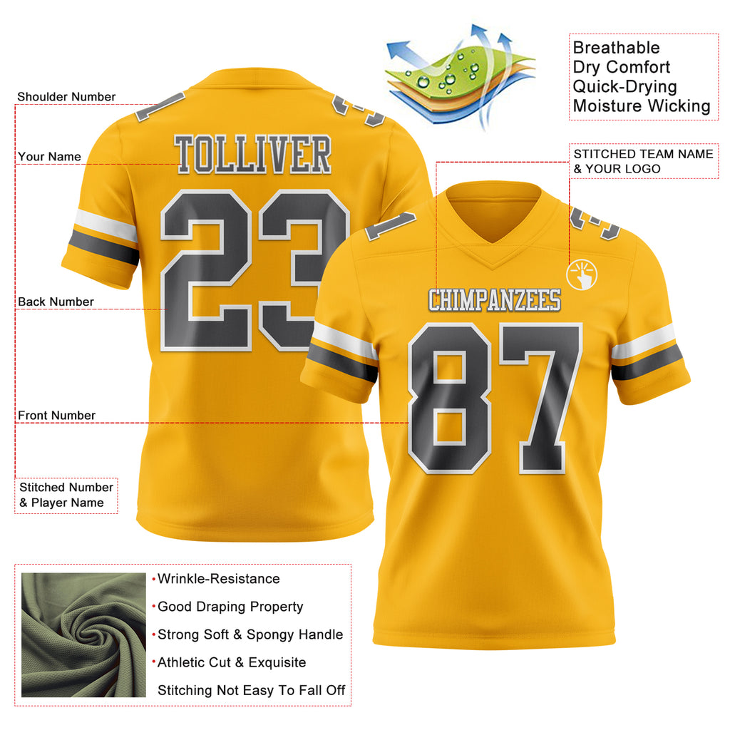 Custom Gold Steel Gray-White Mesh Authentic Football Jersey