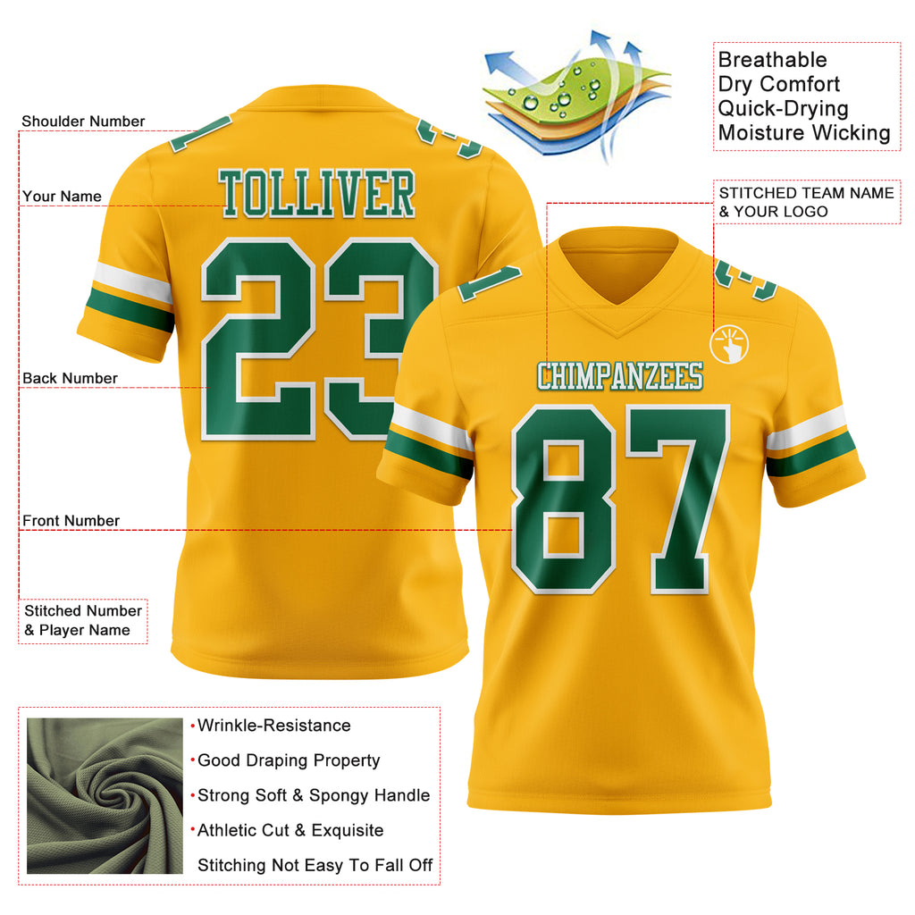 Custom Gold Kelly Green-White Mesh Authentic Football Jersey