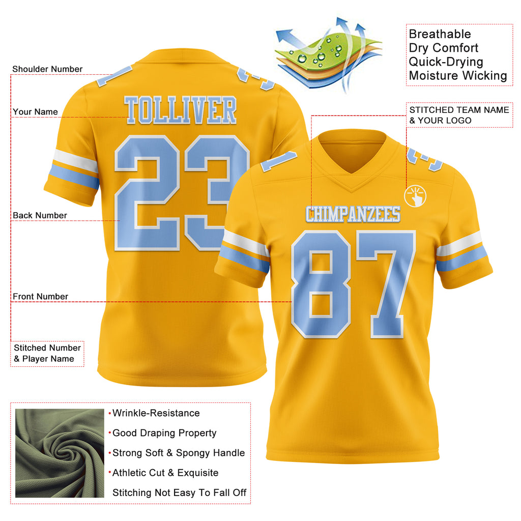 Custom Gold Light Blue-White Mesh Authentic Football Jersey